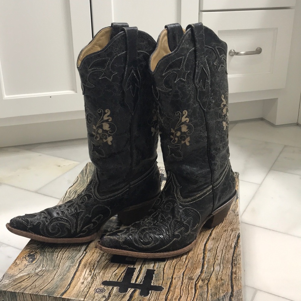 Ladies Black Vintage Lizard Overlay Boots